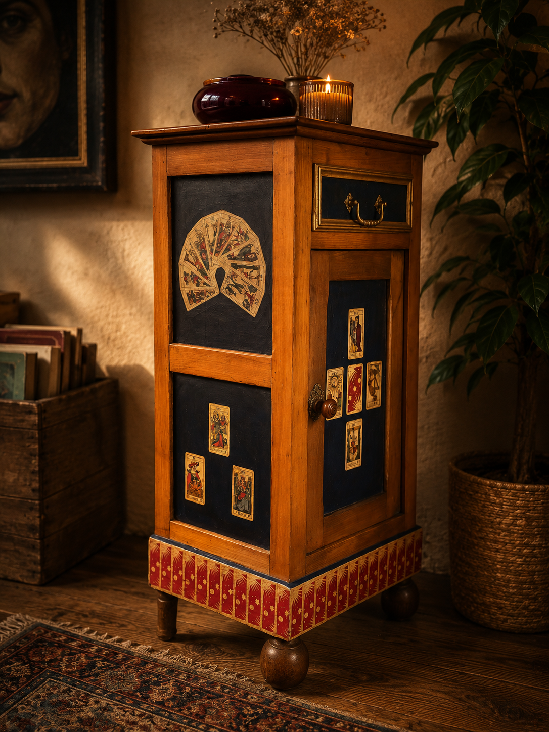 Meuble peint aux motifs de cartes et de tarot par Odile Closset